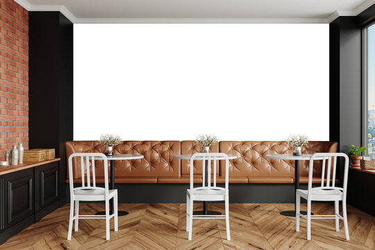 Free PNG wallpaper mockup in Coffee Shop Interior Design, Stylish cafe interior with booth seating and round tables., 3D rendering