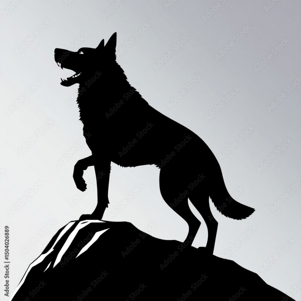 Poster silhouette of a wolf standing on a mountain with its mouth open in a howling or barking position cre