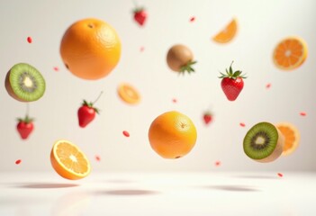 playful array colorful floating fruits above minimalist white surface fresh nature aesthetic vibrant display, apple, banana, kiwi, orange, grapefruit