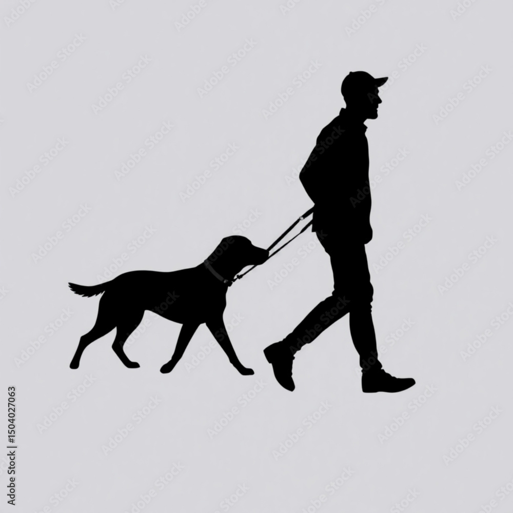 Poster silhouette of a man in a cap walking a dog on a leash in a side profile against a light gray backgro