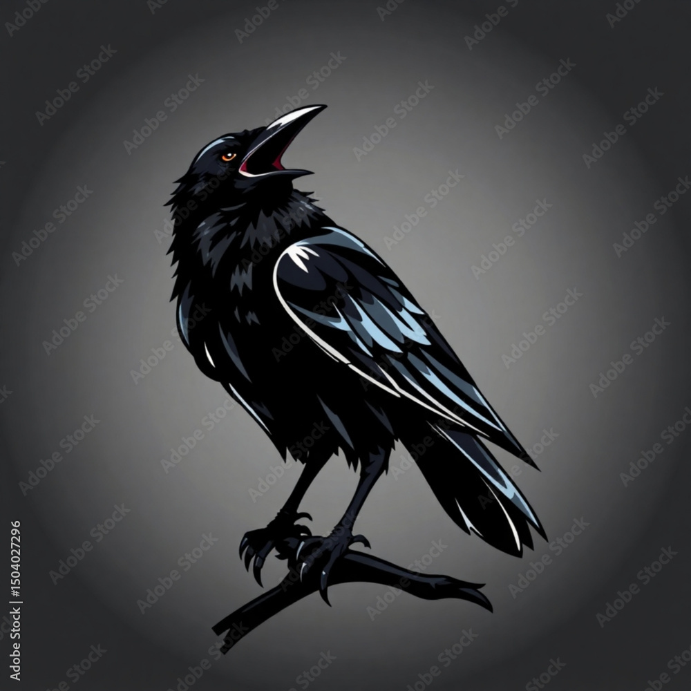 Poster illustration of a black raven perched on a branch with its beak open against a gray background creat