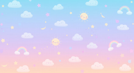 Kawaii wallpaper featuring cute clouds, a smiling sun, and twinkling stars against a pastel background