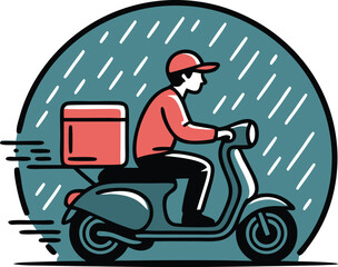 Delivery person navigates a vintage scooter in the rain