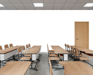 Free PNG wallpaper mockup in classroom Interior Design, An empty classroom with desks and chairs., 3D rendering