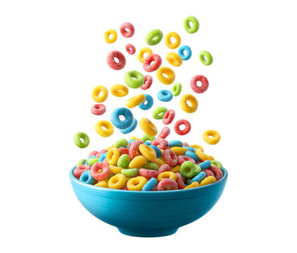 Falling colorful fruit loops cereal in a blue bowl perfect mockup design and banner. Cereal rings flying in the air  isolated on a transparent background