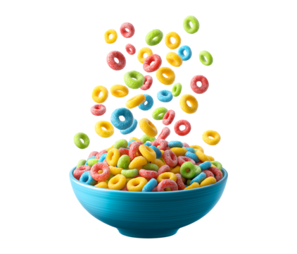 Falling colorful fruit loops cereal in a blue bowl perfect mockup design and banner. Cereal rings flying in the air  isolated on a transparent background