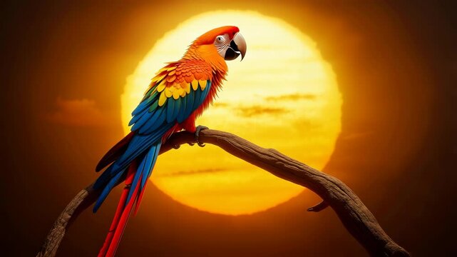 Colorful macaw perched on a branch against a vibrant sunset background in a tropical setting