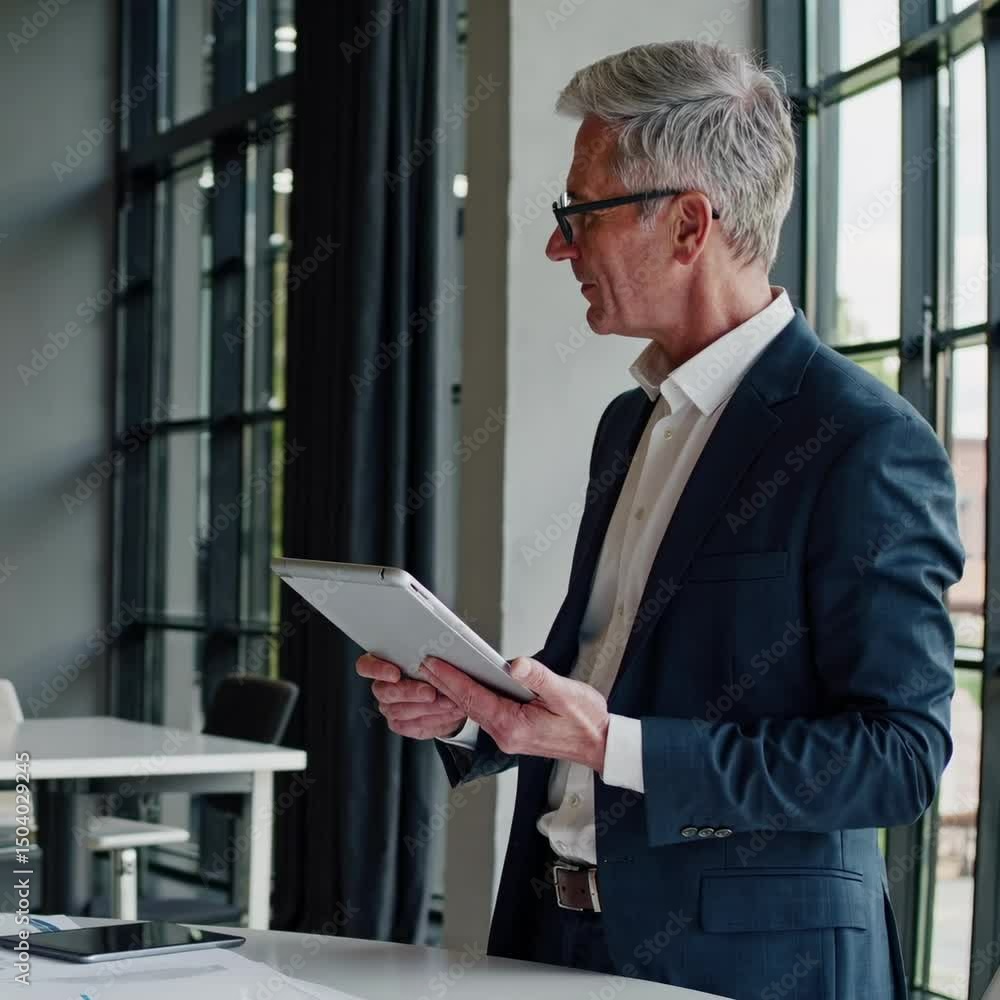 Poster a professional man in a suit holds a tablet in a modern office. side angle captures a video call set