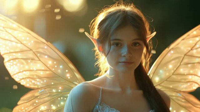 A mystical fairy with glowing elf wings and pointed ears stands in a forest, bathed in soft golden sunlight. Her serene expression and magical aura evoke a sense of fantasy and enchantment