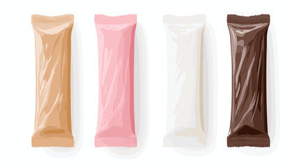 Four Wrapped Candy Bars in Brown Pink White and Dark Chocolate on White Background