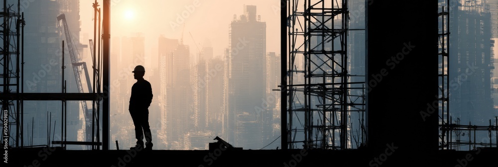 Aufkleber worker silhouette on skyscraper construction site at sunset with urban skyline backdrop and open fra
