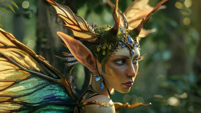 A mystical fairy with glowing elf wings and pointed ears stands in a forest, bathed in soft golden sunlight. Her serene expression and magical aura evoke a sense of fantasy and enchantment
