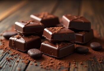 rich dark chocolate blocks arrangement over textured wooden background capturing luxurious indulgence, luxury, sweet, treat, dessert, cocoa, artisan, food