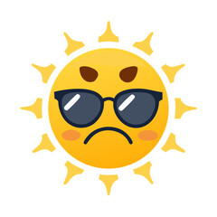 Cartoon sun character with sunglasses displaying a grumpy expression, surrounded by stylized rays, representing a playful and humorous take on weather and emotions in a vibrant illustration