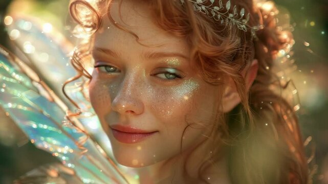 A mystical fairy with glowing elf wings and pointed ears stands in a forest, bathed in soft golden sunlight. Her serene expression and magical aura evoke a sense of fantasy and enchantment