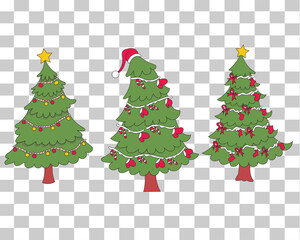 A set of Christmas tree illustrations in flat or lowbrow style. Great for festive cards, packaging, kids’ projects, and seasonal decoration. Includes playful and colorful holiday tree elements
