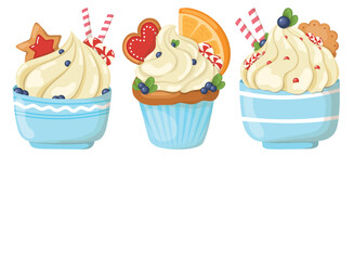 Set of Cupcakes with whipped cream and cookies. Portion sized, beautifully served dessert. Muffin with cream.