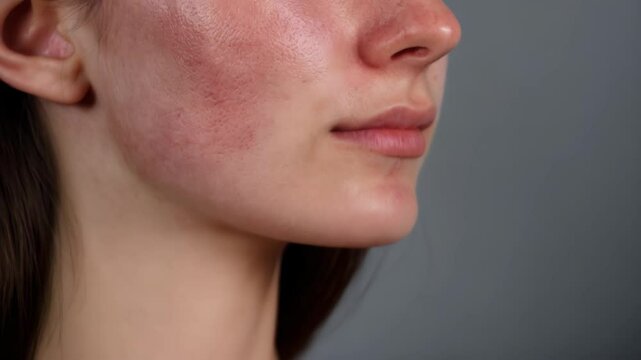 Close-up side portrait showcases rosacea on a woman's face, highlighting redness and skin texture for dermatology and skincare visuals.