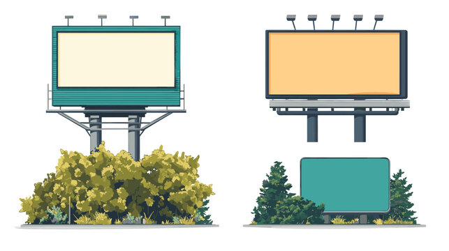 Pixelated Billboard Set Featuring Teal and Beige Signs Surrounded By Green Shrubs Against White Background