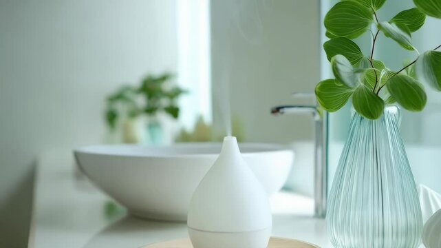 Aroma diffuser emitting mist on a bathroom counter near a white sink, a patterned glass vase, and some leaves