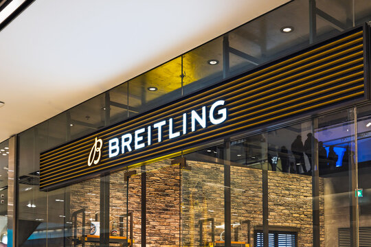 Breitling Luxury Watch Storefront with Illuminated Sign. London, UK, 10 February 2024