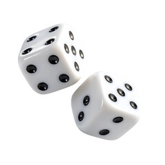 Two white dice with black spots isolated on transparent background, representing chance and gambling.