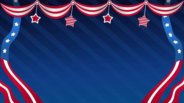 Festive patriotic background with red, white, and blue bunting and stars. Ideal for American holidays and celebrations.