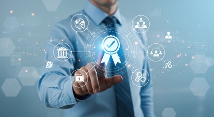 Business Professional Interacting with a Digital Quality Assurance and Certification Network, Featuring a Glowing Approved Badge Icon and Surrounding Business Process Symbols