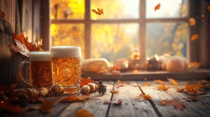 Two Frothy Beer Mugs on a Wooden Table with Autumn Leaves