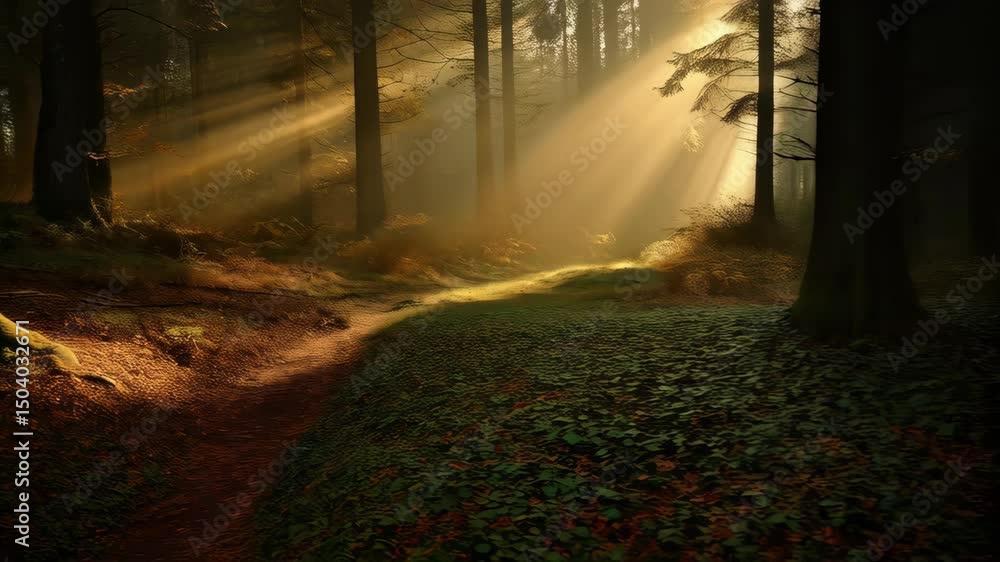 Poster sunlight streams through a dense forest illuminating a winding path amidst tall trees and lush green