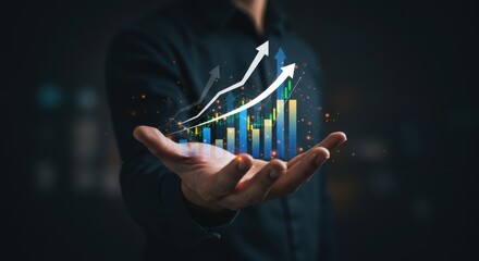 Hand Holding a Glowing Digital Bar Graph and Upward Arrows, Symbolizing Business Growth, Financial Success, Investment Returns, or Data Analysis