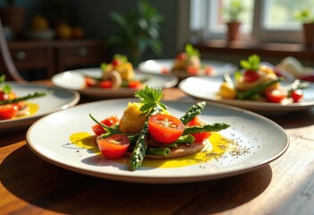 savory gourmet dishes plated vibrant seasonal vegetables culinary art fresh ingredients, carrot, tomato, pepper, asparagus, broccoli, corn, zucchini, eggplant