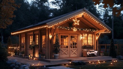 Fototapeta premium Enchanting Christmas Cabin: Cozy Winter Retreat with Festive Lights