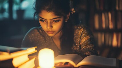 A girl is reading a book with a candle lit in front of her. The candle is casting a warm glow on the pages of the book, creating a cozy and intimate atmosphere - Powered by Adobe