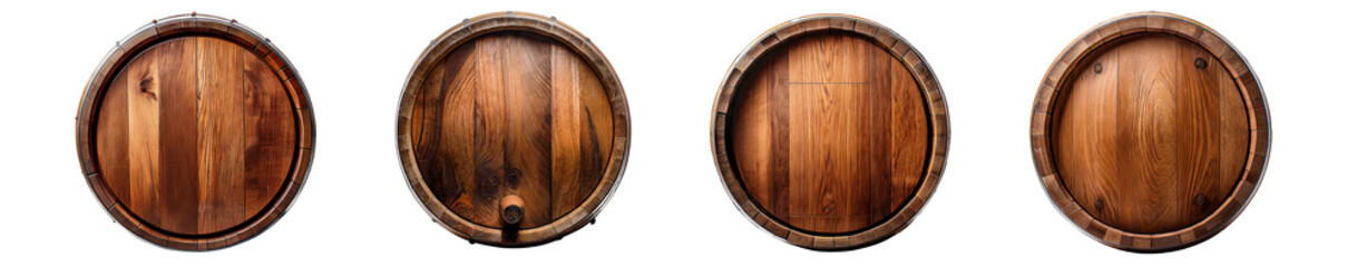 Four wooden barrels stacked together, perfect for aging beverages.