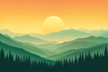 landscape, green mountains with trees, sunset in vector style, cheerful bright white sun, orange sky