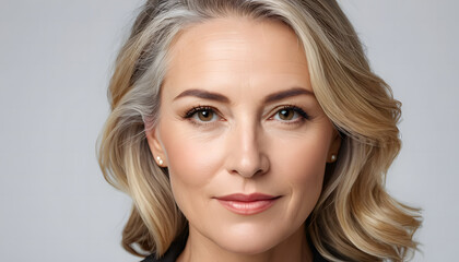 Naklejka premium A confident mature woman with stylish blonde hair and subtle makeup poses for a professional headshot portrait against a neutral gray background showcasing natural beauty and elegance.