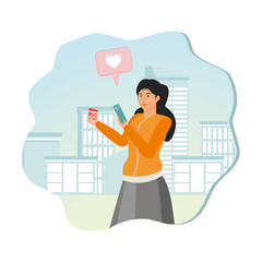 Coffee On the way concept. Women in fashionable office wear holding paper cup of hot coffee.