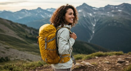 Naklejka premium Happy Female Hiker with a Yellow Backpack Enjoying the Scenic Mountain Views During an Outdoor Adventure or Trekking Expedition