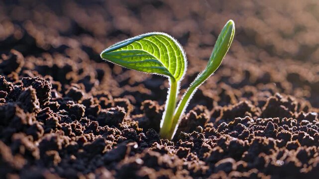Green sprout emerging from soil in sunlight captures hope new beginnings renewal environmental growth and future concept