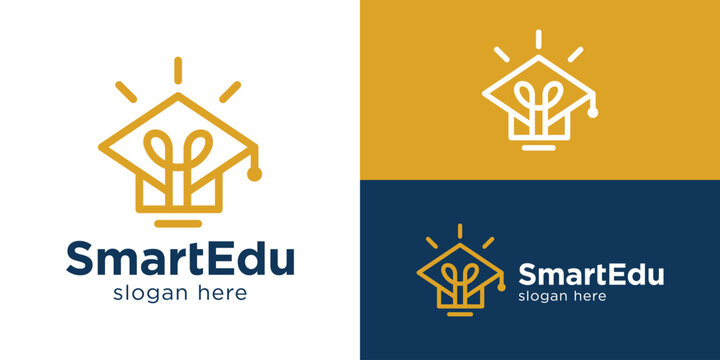 Creative simple smart edu logo template. Graduation cap with light bulb symbol for Smart student logo design vector illustration.
