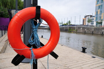View of a life ring at a harbour