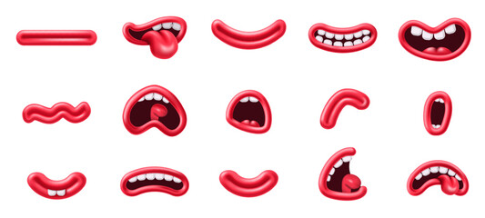 Cartoon mouth expressions. 3D character mouths, comic funny lips and plasticine smile. Talking, shouting and laughing mouth shapes with teeth and tongue isolated vector illustration set.