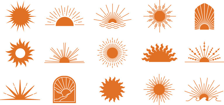 Boho sun silhouette icons. Boho sun emblem symbols of sunrise and sunset with rays, arch and wave shapes. Minimalist summer sunshine and dawn light solid signs vector set with editable stroke paths.