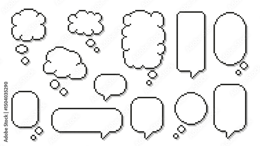 Poster pixel art cloud speech bubble. cloud shaped comic text box, pixelated 8 bit texting dialogue, though