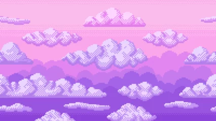 Fototapeten Lila Pixel pink sky. Seamless 8 bit dreamy violet sky with clouds and purple sunset gradient. Peaceful dreamy landscape vector game background in 80s vaporwave nostalgic style.  © WinWin
