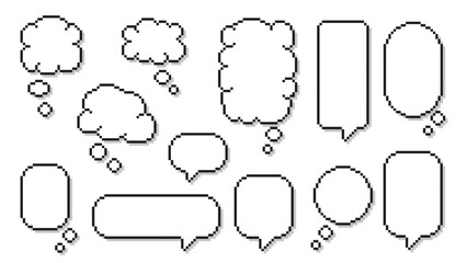 Pixel art cloud speech bubble. Cloud shaped comic text box, pixelated 8 bit texting dialogue, thought bubble, retro game quote and chat boxes with shadow. Vector isolated set.