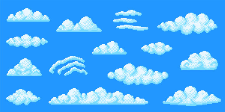 Pixel art clouds. 8 bit white cloud or smoke in blue sky. Retro 80s game landscape and weather pixelated elements. 16-bit cloudy retro scene. Vector isolated set.