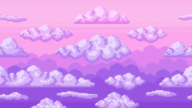 Pixel pink sky. Seamless 8 bit dreamy violet sky with clouds and purple sunset gradient. Peaceful dreamy landscape vector game background in 80s vaporwave nostalgic style.