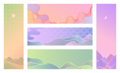 Line art landscape. Minimal mountains and hills with traditional Asian pattern and pastel gradient banner vector templates in Japanese, Chinese and Korean retro style.